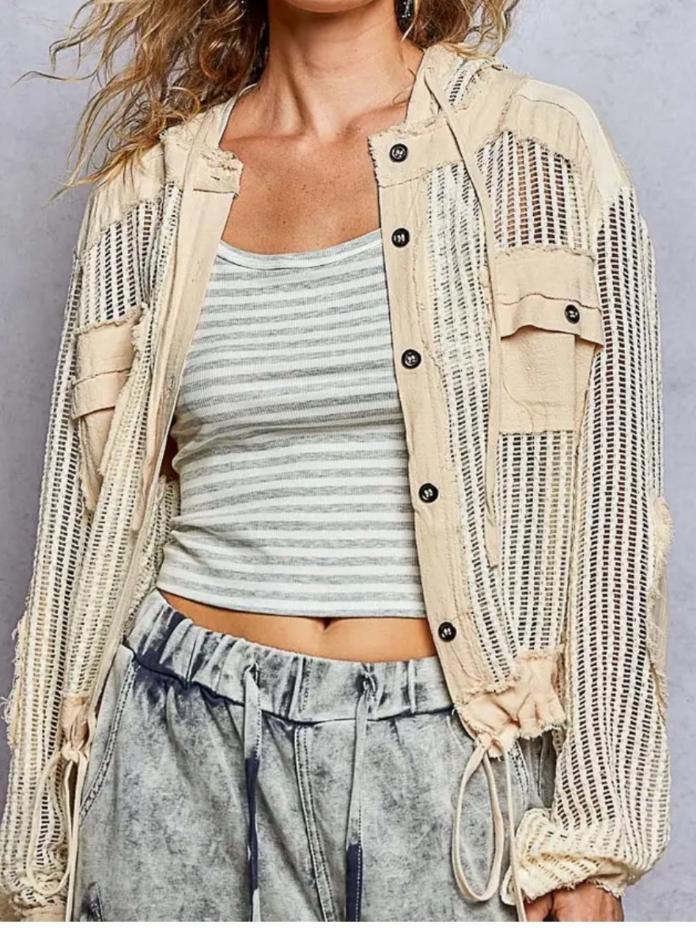 POL womans Light Beige Mesh Utility Jacket - Women's Coat size M
